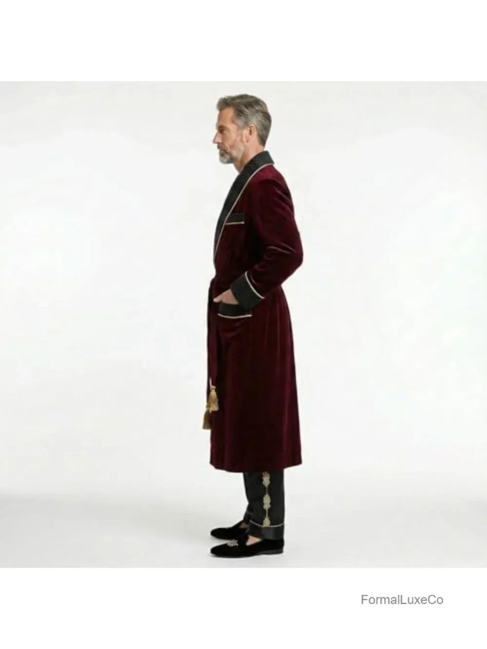 Men's Velvet Smoking Jacket Shawl Collar Belted Longline Robe Wedding Groom